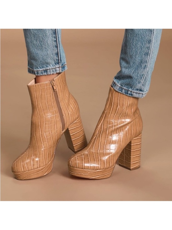 Lulus Shoes - Lulu's Layne Sand Croc Platform Ankle Booties Tan Women’s Size 8.5